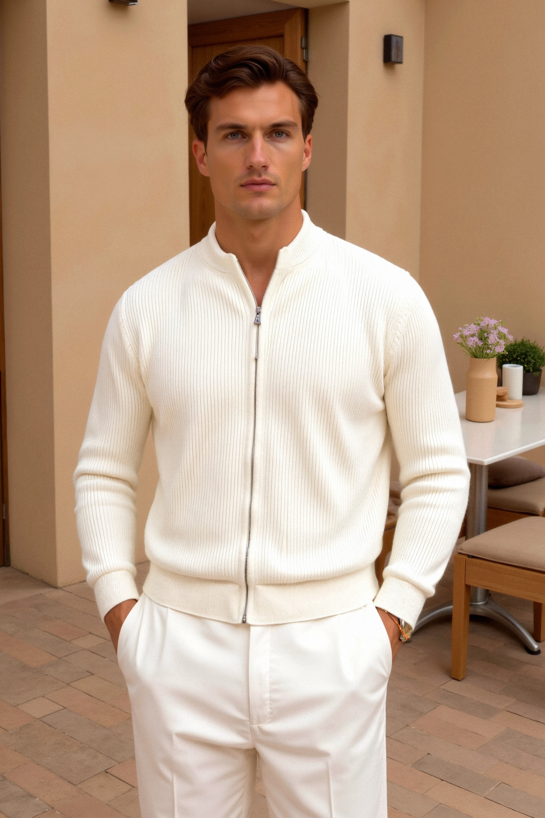 Cotton Blend Rib-Knit Crew Neck Cardigan