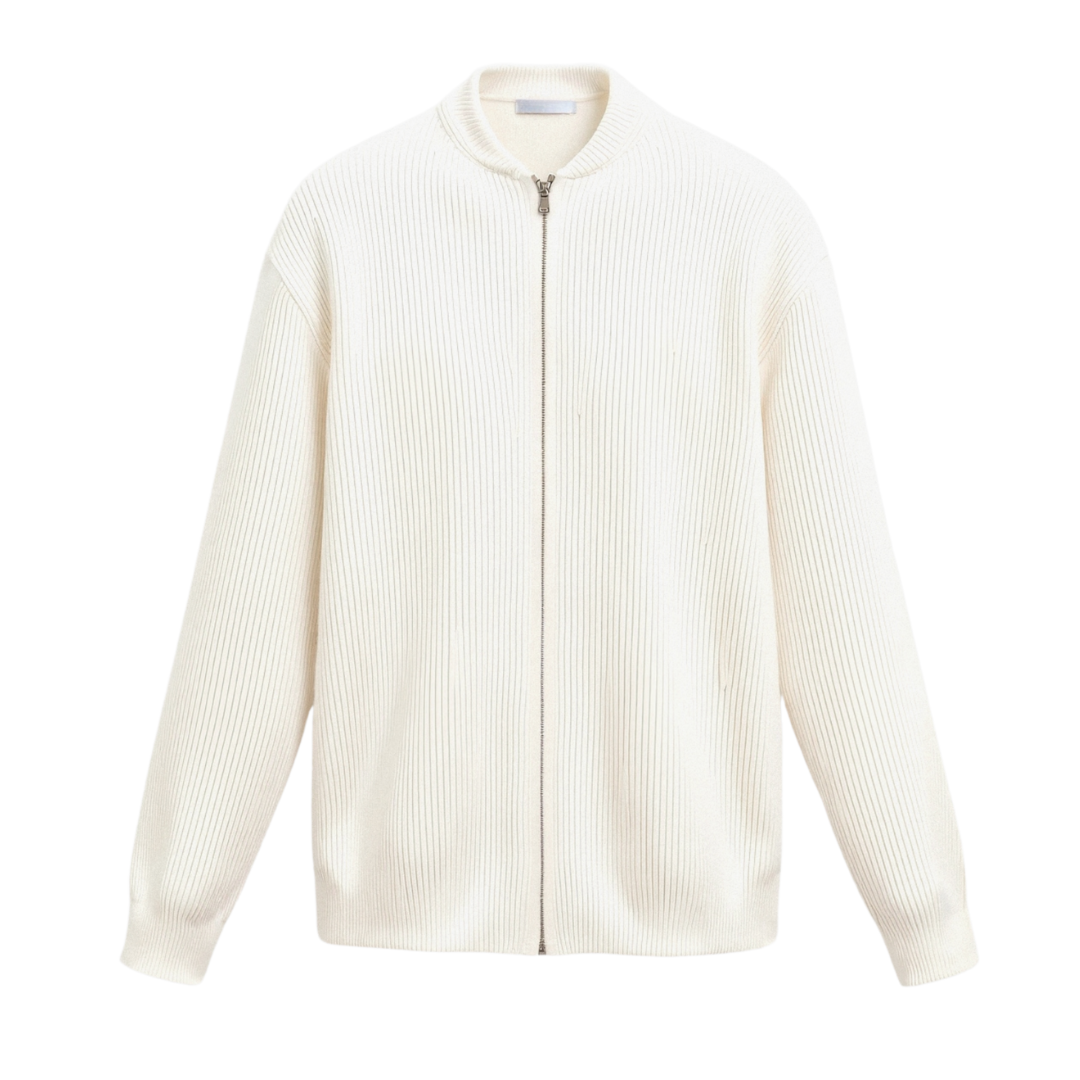 Cotton Blend Rib-Knit Crew Neck Cardigan