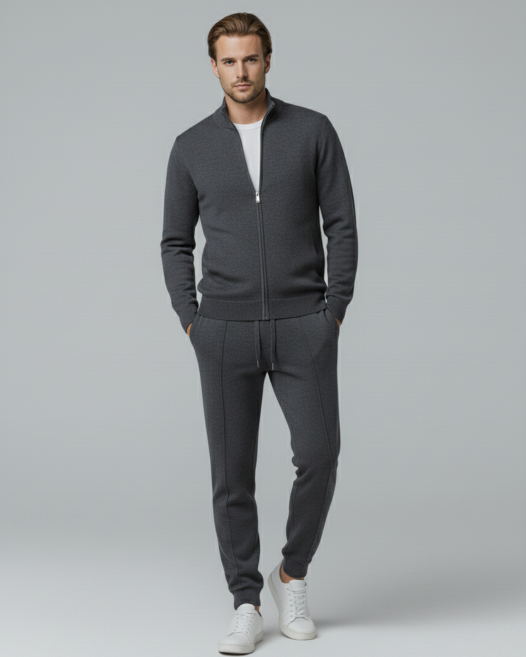 Wool Zip-Up Tracksuit with Textured Knit Finish